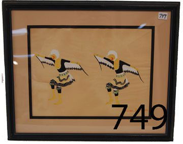 SAN ILDEFONSO PAINTING: ca. 2ND Q 20TH CENT. original watercolor of 2 eagle dancers by Julian Martinez, has some foxing, 10" x 13.5".