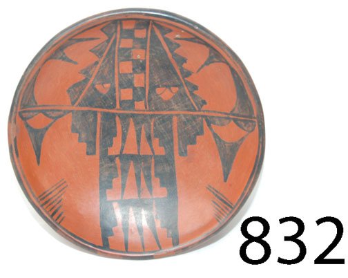 SAN ILDEFONSO POTTERY PLATE: ca. LAST Q 19TH CENT. est. black on red, has museum numbers on back. attributed to Tonita, 1.5" x 8".