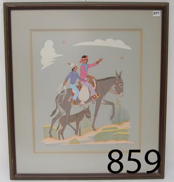 NAVAJO PAINTING: ca. LAST Q 20TH CENT. original tempera of mule, baby & 2 Navajo boys, by Harrison Begay, 17" x 15".