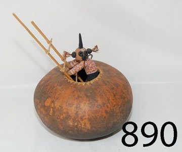 GOURD SCULPTURE: ca. LAST Q 20TH CENT. pottery mudhead & gourd kiva, attributed to Robert Rivera, 10" x 7".