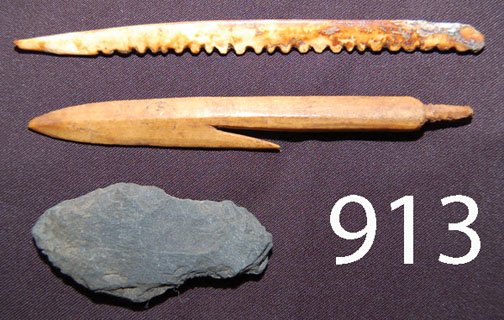 ESKIMO ARTIFACTS: ca. PREHIST. 1 ivory, 1 bone & 1 slate, largest 6.5" long.
