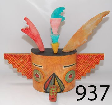 HOPI SCULPTURE: ca. CONT. mask made of wood, hand painted, by Greg Lomayesva, 14.5" x 18" x 7".