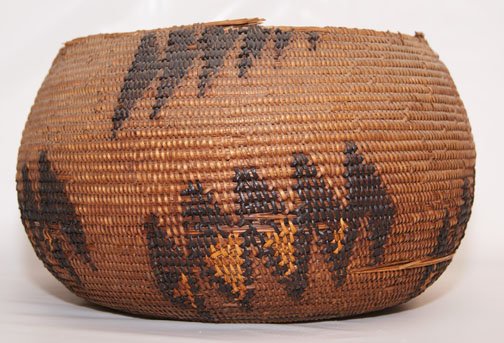 LUISENO BASKETRY BOWL: 1880-90'S sub tribe California, 2 color design, rim damage & stitch loss on sides, 6" x 10" Shipping charge on this item is $10.00. Unless noted all items have some amount of acceptable wear, scratche