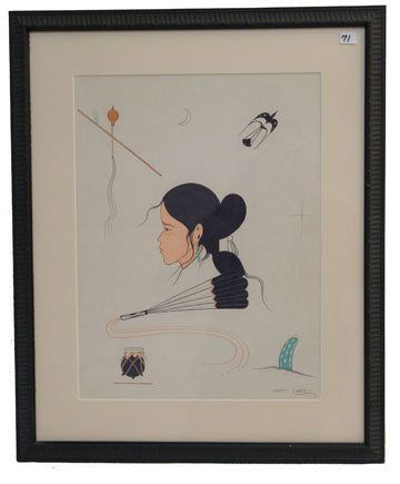 NAVAJO PAINTING BY ROBERT CHEE: 1950-60'S watercolor of Navajo symbols & girl's face, 17" x 13"Shipping charge on this item is $30.00.Unless noted all items have some amount of acceptable wear, scratches, nicks, missing stitches, ec