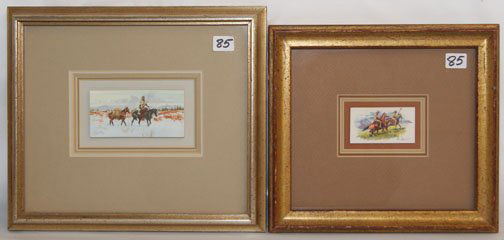 TWO MINI WESTERN PAINTINGS: 1970'S - 1 horse & rider by Ron Stewart, other color on cigarette paper by Paul Abram, both listed artists, 2" x 4" & 1.5" x 2.75"Shipping charge on this item is $10.00.Unless noted all items have som