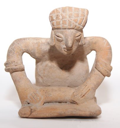 ARCHAIC/COLIMA POTTERY FIGURE: 100 BC depicts corn with mano & matate, repaired cracks in base, 2.75" x 3.25" Shipping charge on this item is $10.00. Unless noted all items have some amou