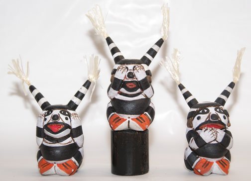 THREE HOPI KACHINA FIGURES: 1970-80'S all are Koshare, see no evil, speak no evil, hear no evil, all signed Neil David, 4" high Shipping charge on this item is $10.00. Unless noted all