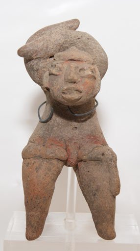 TLATILCO POTTERY IDOL: 1200 BC portrays woman with head chopped off, head lying on her chest, head been glued, has display stand, 4" tall Shipping charge on this item is $10.00. U