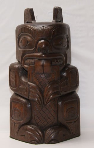 NORTHWEST COAST TOTEM POLE: 1960-70'S carved wood, depicts beaver,titled "On The Skagit" by Moore, 16.5" x 9" Shipping charge on this item is $10.00. Unless noted all items have some a