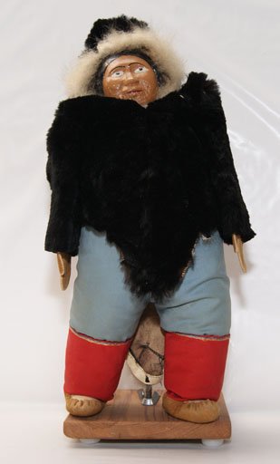 LABRADOR DOLL: 1940-50'S traditional dress with display stand, 13" tall Shipping charge on this item is $15.00. Unless noted all items have some amount of acceptable wear,