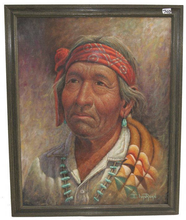 NAVAJO PAINTING: 1960-70'S original oil on board by E. Ivan Roan, 19.5" x 15.5" Shipping charge on this item is $20.00. Unless noted all items have some amount of acceptable wear, scratches, nicks, missing stitches, e