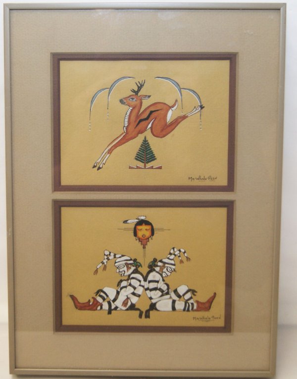 San Ildefonso watercolor: 1970's originals, 2 in 1 frame by Ralph Roybal, each 4" x 5"Shipping charge on this item is $10.00.Unless noted all items have some amount of acceptable wear, scratches, nicks, missing stitches, ect.