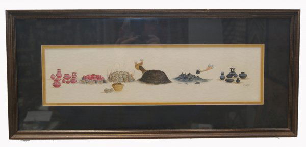 San Ildefonso watercolor: 1970's original of pottery being fired by J. D. Roybal, 4.5" x 18"Shipping charge on this item is $10.00.Unless noted all items have some amount of acceptable wear, scratches, nicks, missing stitches,