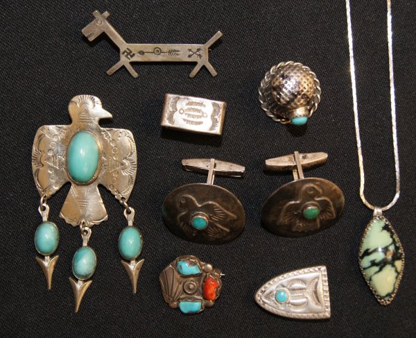 miscellaneous jewelry: 1950s through the 70s Shipping charge on this item is $10.00. Unless noted all items have some amount of acceptable wear, scratches, nicks, missing stitches, ect. for their age. Measurements on painti