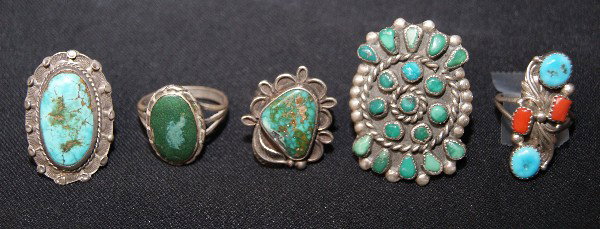 Navajo Rings: 1960s 70s sterling Silver and turquoise, size 8 -10 Shipping charge on this item is $10.00. Unless noted all items have some amount of acceptable wear, scratches, nicks, missing stitches, ect. for the