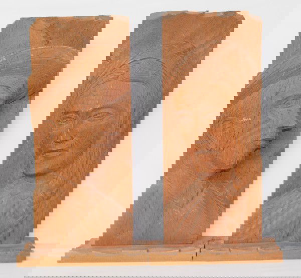 Bookends: 1970s hand carved wood signed Rocha 15.5" x 8.25"Shipping charge on this item is $10.00.Unless noted all items have some amount of acceptable wear, scratches, nicks, missing stitches, ect. for their a
