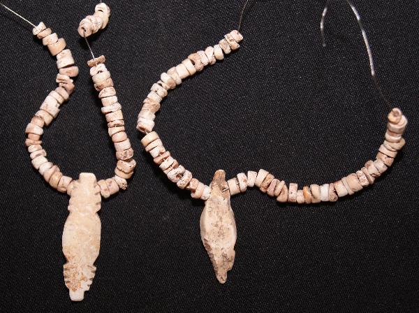 Two Hohokam Shell Bracelets: prehistoric pump drilled, beads are 3/16"X.10", pendants are 1.5" x 3/8" Shipping charge on this item is $10.00. Unless noted all items have some amount of acceptable wear, scratches, nicks, missing s