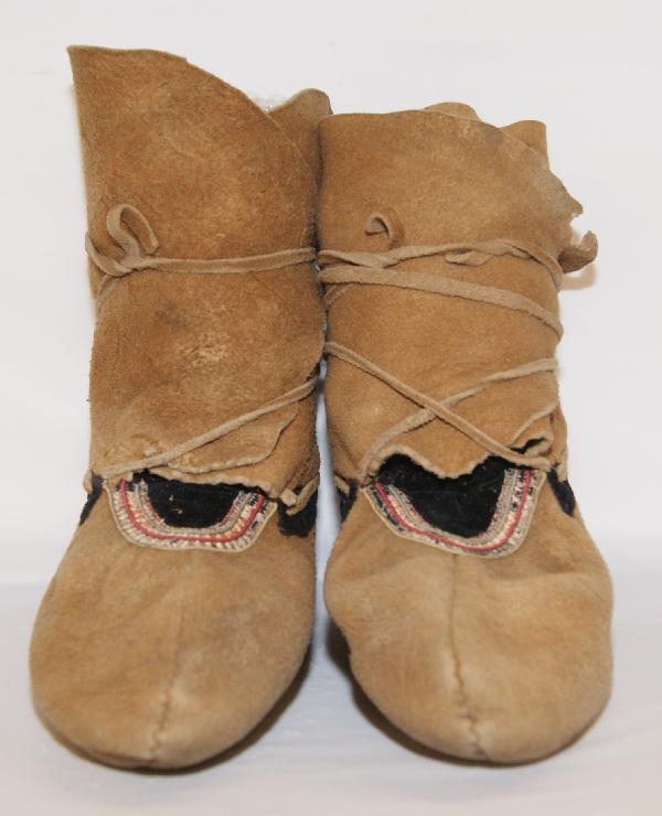 Northern Plains Quiled Hightop Moccasins: 1940s on hide some quill loss, 8" x 10" x 5"Shipping charge on this item is $10.00.Unless noted all items have some amount of acceptable wear, scratches, nicks, missing stitches, ect. for their age. M