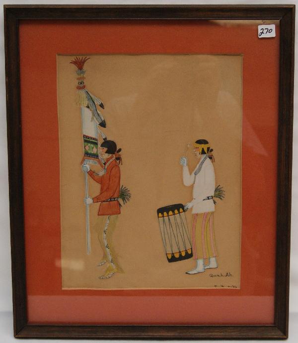 San Ildefonso Watercolor: 1920s of drummer signed Tonita Pena, 12" x 9.5"Shipping charge on this item is $10.00.Unless noted all items have some amount of acceptable wear, scratches, nicks, missing stitches, ect. for their age