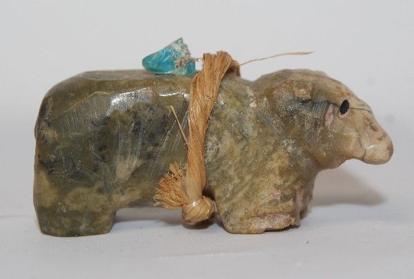 1970'S ZUNI BEAR FETISH: carved stone, 1.25" x 2.25" x .75" Shipping charge on this item is $10.00. Unless noted all items have some amount of acceptable wear, scratches, nicks, missing stitches, ect. for their age. Measureme