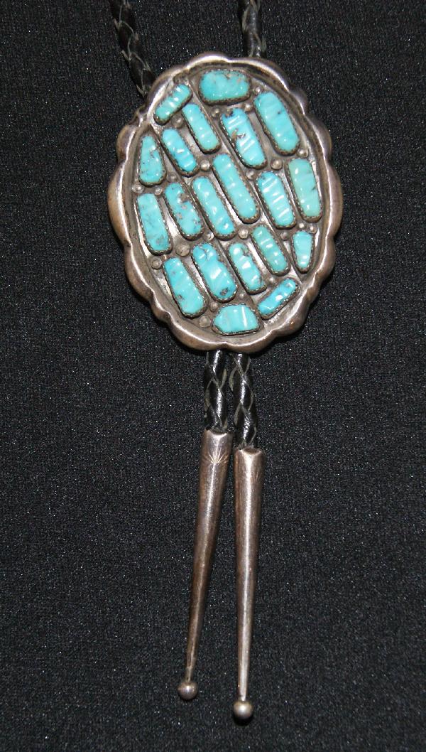 1970'S NAVAJO BOLO: sterling & turquosie, signed G & L Leekity, 2.25" x 1.75" Shipping charge on this item is $10.00. Unless noted all items have some amount of acceptable wear, scratches, nicks, missing stitches, ect. f