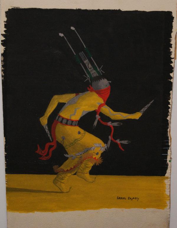 1967 APACHE WATERCOLOR: of Apache crown dancer, signed Errol Enjady, 13" x 9" Shipping charge on this item is $10.00. Unless noted all items have some amount of acceptable wear, scratches, nicks, missing stitches, ect. for t