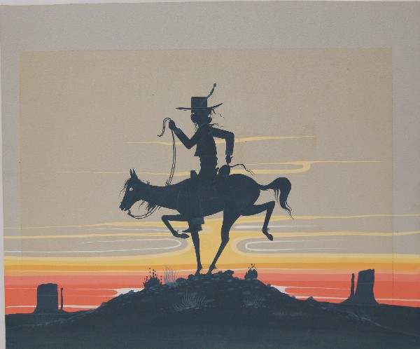 1960'S NAVAJO PAINTING: night scene horse & rider, signed Robert Chee, 14" x 18"Shipping charge on this item is $10.00.Unless noted all items have some amount of acceptable wear, scratches, nicks, missing stitches, ect. for