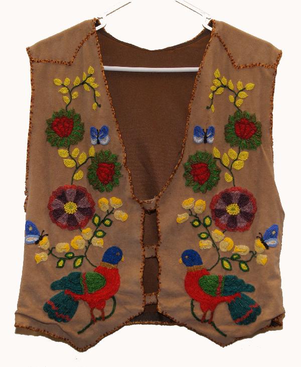 Plains Beaded Vest: 1920s 30s pictorial beading on commercial hide, silk linned, full size Shipping charge on this item is $10.00.