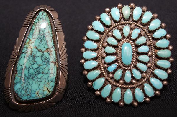 Two Navajo rings: 1970s 80s one large cluster, one China Mountain turquoise made by Leroy Benally size 7.5" x 2.5" x 2", size 7.5" x 2" x 1.25" Shipping charge on this item