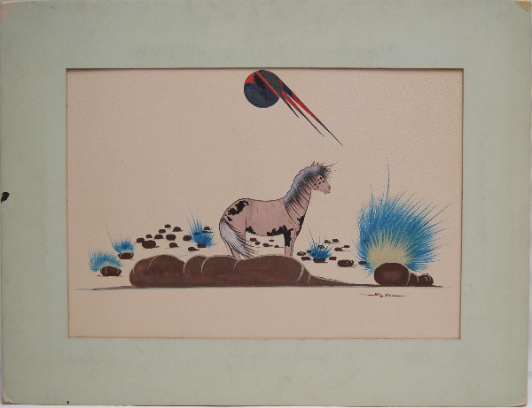 Kiowa Painting: 1940s 50s original tempera by Woody Big Bow, born in 1914 died in 1988, 11.75" x 17" Shipping charge on this item is $30.00. <