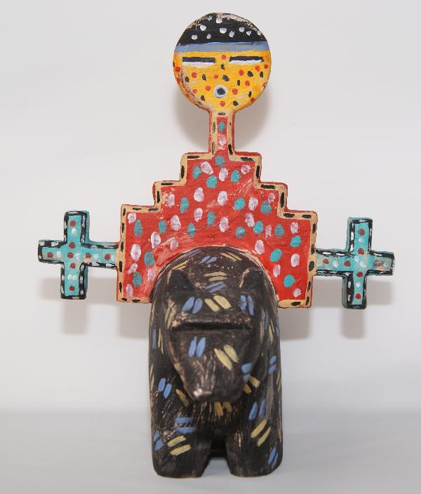 Hopi Sculpture: contemporary carved bear with tableta on back, by Greg Lomyese, 11 inches tall Shipping charge on this item is $10.00.