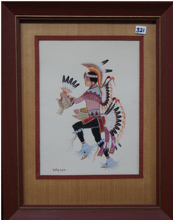Kiowa Painting: 1940s 50s original tempera by Stephen Mopope, born 1898 died 1974, 11" x 8" Shipping charge on this item is $30.00.
