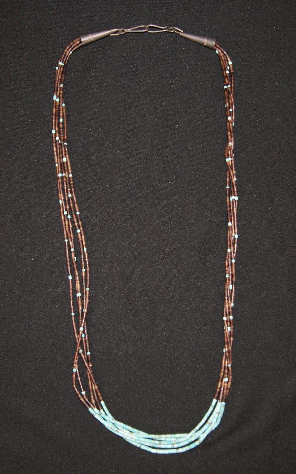 Santo Domingo Necklace: 1970s 80s five strands of penn shell and turquoise 27 inches long Shipping charge on this item is $10.00.