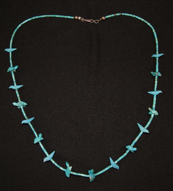 Zuni Necklace: 1970s 80s all turquoise fetishes with birds and turtles attributed to Mary Quam 25 inches long Shipping charge on this item is $10.00. Unless noted all item