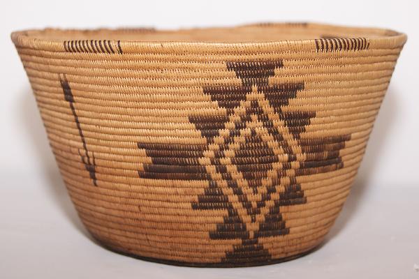 Panimint Basket: 1920s 30s very fine stitch has burn on bottom and rim from Lone Pine fire, 4" x 7" Shipping charge on this item is $10.00. Unless noted all items have some