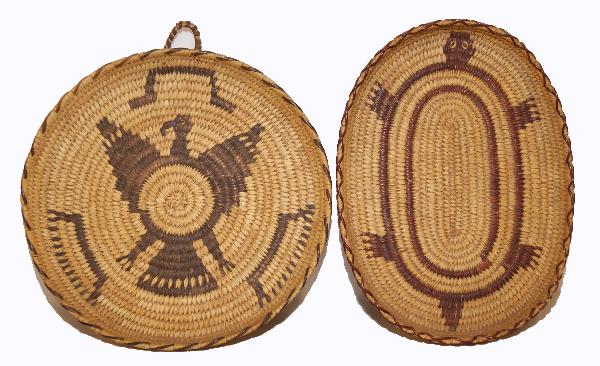 Two Papago Baskets: 1940s 50s one has red turtle design 10" x 7", black eagle design 9 inches in diameter Shipping charge on this item is $10.00. Unless noted all items have so