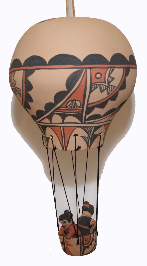 Jemez Pottery Balloon: 1970s 80s polychrome hanging basket, signed CLS balloon is 7" x 7" Shipping charge on this item is $20.00.