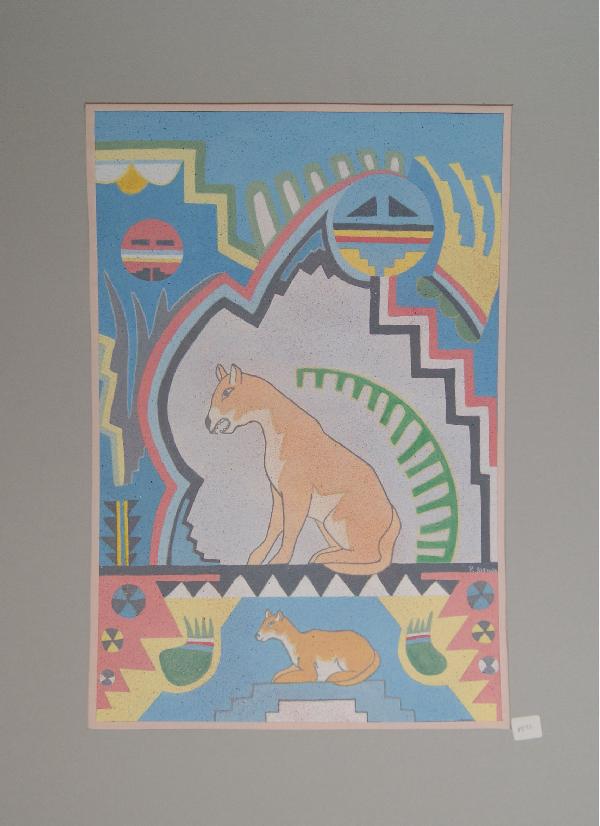 San Ildefonso Watercolor: 1970s original of mountain lion signed P Atencio 20.5" x 14"Shipping charge on this item is $30.00.<