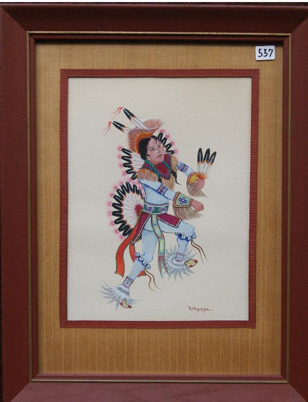 Kiowa Painting: 1930s 40s original tempera of fancy dancer by Stephen Mopoke one of the Kiowa five born 1898 died in 1974, 11" x 8.5" Shipping charge on this item is $20.0