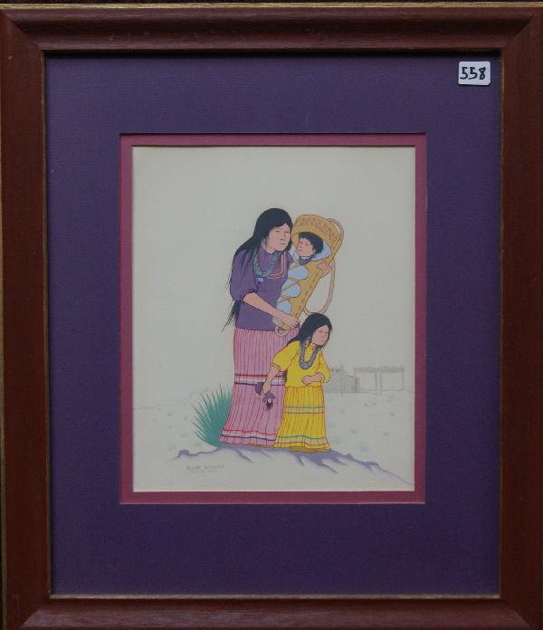 Chiricahua /Apache Painting: 1951 original tempera titled "Navajo Mother" by Allan Houser born in 1915 died in 1994, 9.5" x 8"Shipping charge on this item is $20.00.