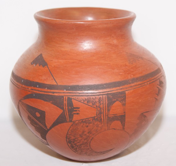 Hopi Pottery Jar: 1960s 70s black on red stylized bird design by Lucille Namoki 6.5" x 6.5 Shipping charge on this item is $10.00. Unless noted all items have some amount of
