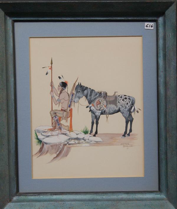Comanche Painting: 1968 original tempera by Doc TaTe Nevaguava born in 1911 date of death unknown, 14.5" x 11.5" Shipping charge on this item is $30.00.