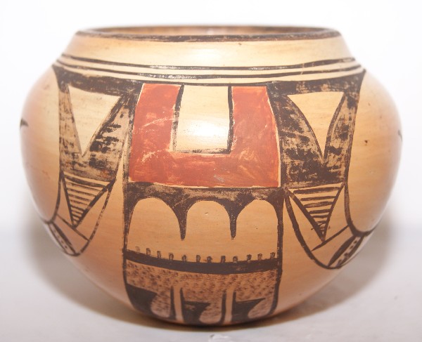 Hopi Pottery Bowl: 1940s 50s Polychrome signed Carol Namoki 4" x 6" Shipping charge on this item is $10.00. Unless noted all items have some amount of acceptable wear, scratch