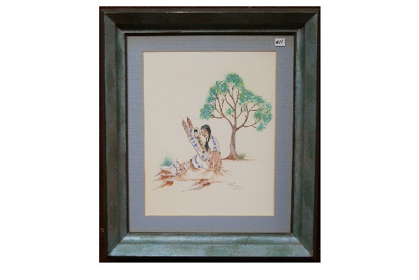 Comanche Painting: 1950s original tempera by Doc Tate Nevaquaya born in 1932 date of death unknown, 14" x 11" Shipping charge on this item is $30.00. <