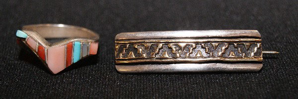 Yaqui Ring and Pin: 1970s 80s sterling Silver channel inlay ring size 8.510 sterling silver and gold 1.25" x .25" Shipping charge on this item is $10.00. Unless noted all items