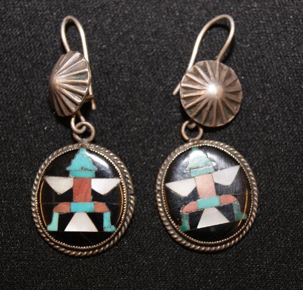 Pair of Zuni Earrings: 1930s sterling silver channel inlay knife wing dancer done by John Gordon Leek 1.5 inches long Shipping charge on this item is $10.00.