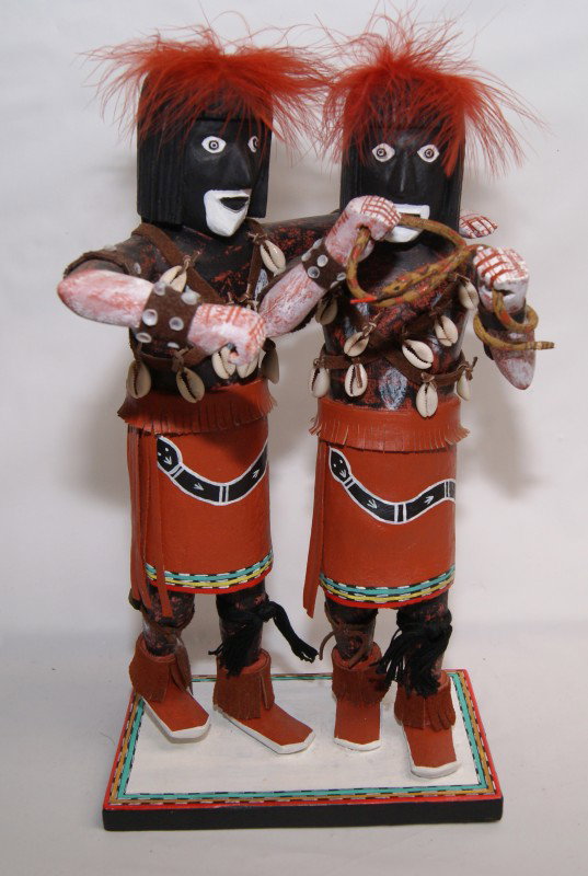 TWO HOPI KACHINAS: 1977 hand carved & painted, mounted on 1 board, signed Jack Harding, 14" tall Shipping charge on this item is $10.00. Unless noted all items have some amount of acceptable wear, scratches, nicks, miss