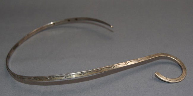 NAVAJO STERLING NECKLACE: 1970's sterling silver hand stamped design marked LJC, 7.75" X 5" Shipping charge on this item is $10.00. Unless noted all items have some amount of acceptable wear, scratches, nicks, missing stitches