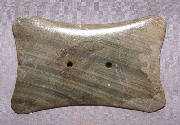 GORGET: age unknown banded slate varnished and glue spots pump drilled holes, 4" x 2 1/2" Shipping charge on this item is $10.00. Unless noted all items have some amount of acceptable wear, scratches, nicks,