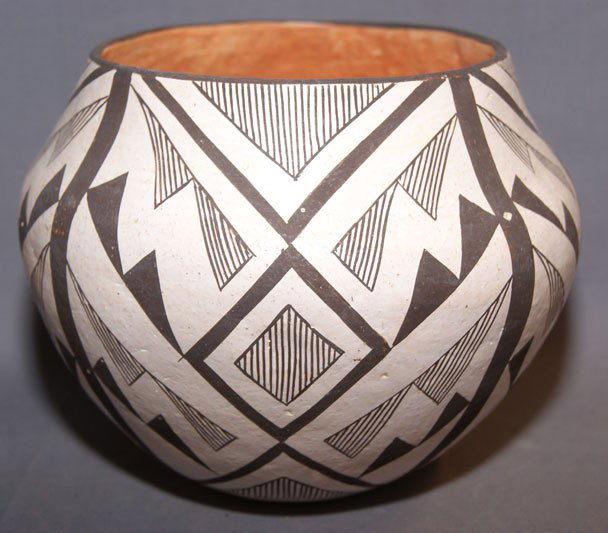 ACOMA POTTERY JAR: 1950's polychrome fine line design has minor pitting, 6" X 7" Shipping charge on this item is $10.00. Unless noted all items have some amount of acceptable wear, scratches, nicks, missing stitches, ec